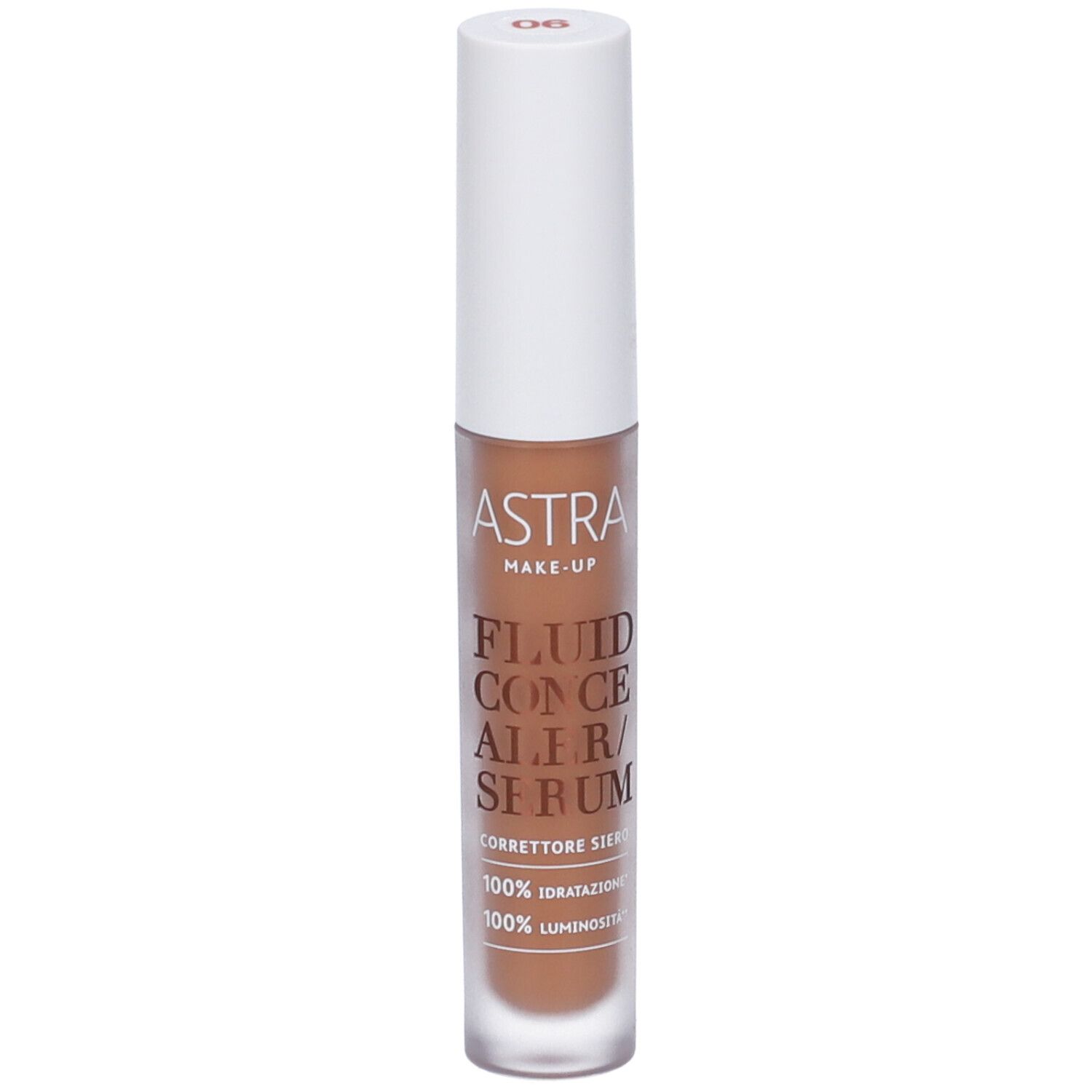 Siero correttore fluido Astra Make-Up. Liquido marrone in flacone di vetro con tappo bianco. Scritta: Fluid Concealer Serum.