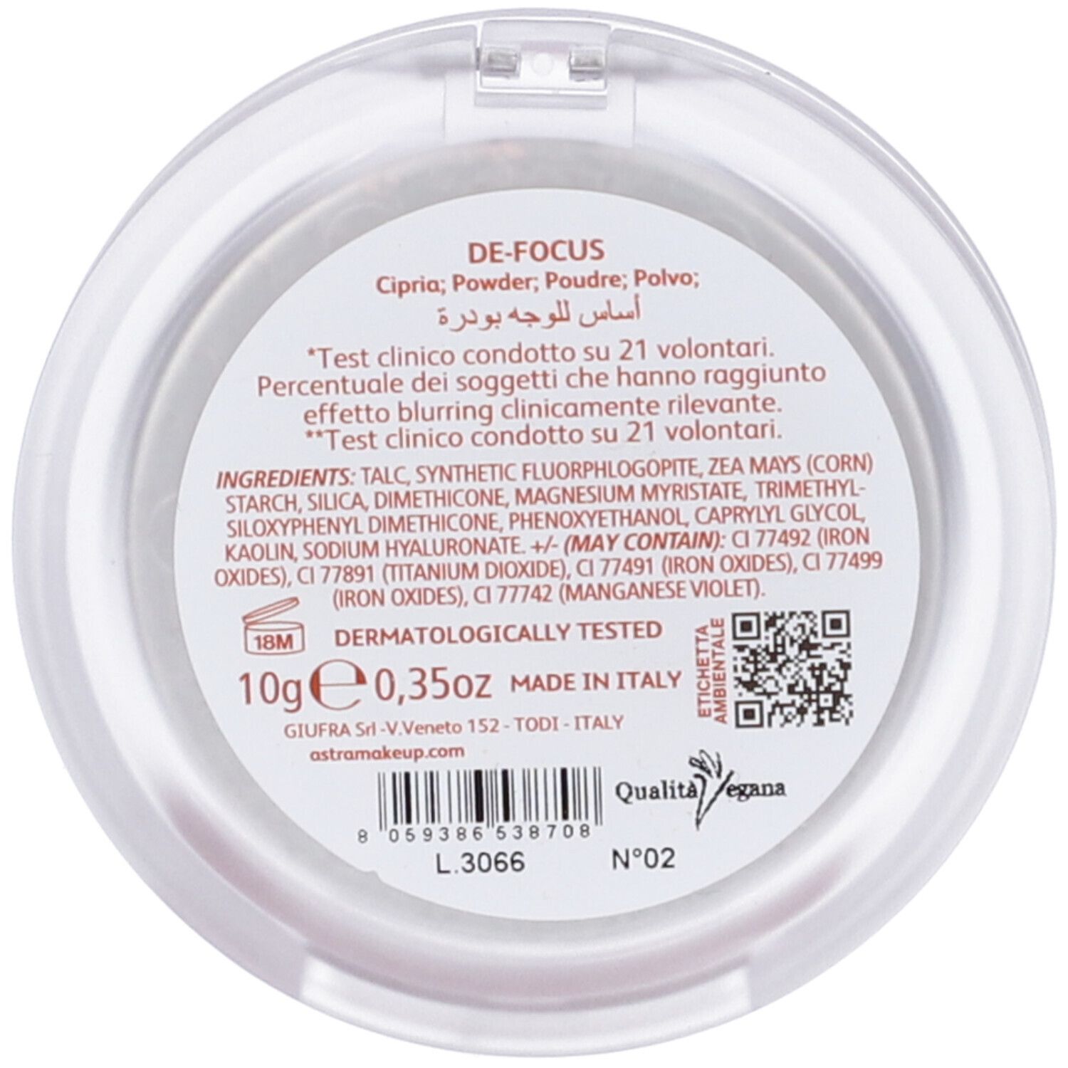 Retro della cipria con ingredienti e testo. Scritta: DE-FOCUS, 10g, MADE IN ITALY, Qualità vegana. Codice e numero N°02.