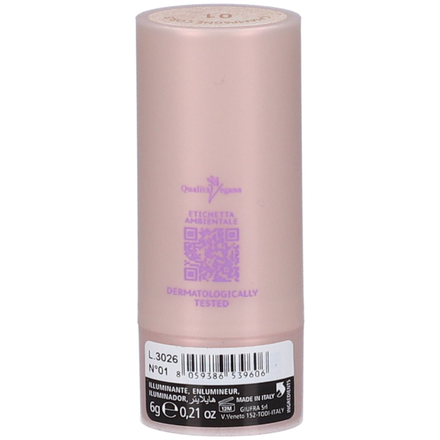Stick illuminante beige. Scritta: Quality Vegan, Dermatologicamente testato. In basso: informazioni prodotto e codice a barre.