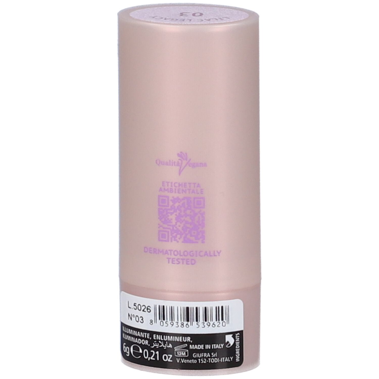 Retro dello stick illuminante. Con codice QR, testo e stampe. In basso: informazioni sul prodotto, 6g, 0,21 oz, Made in Italy.