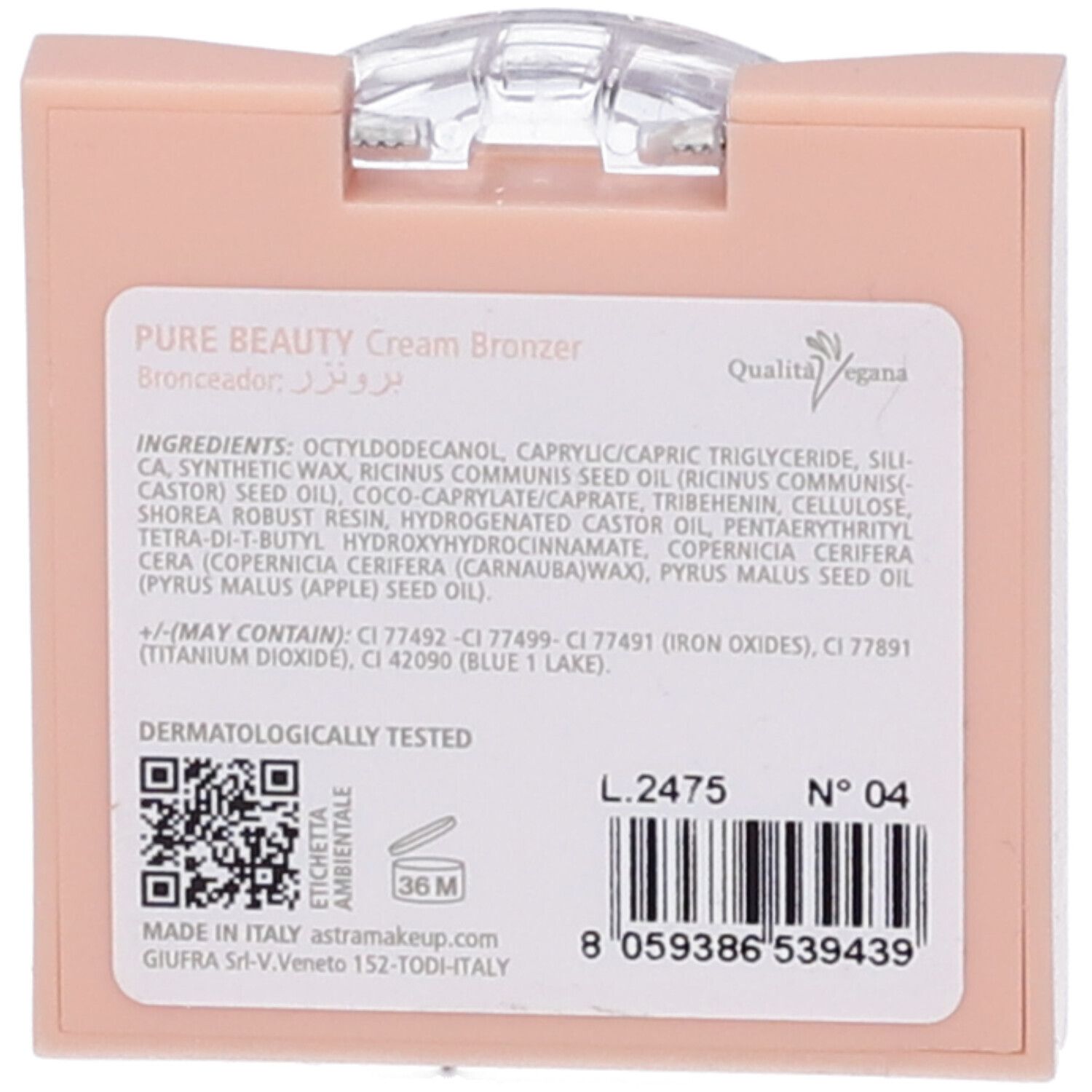 Retro della confezione del bronzer. Contiene ingredienti, codice QR, numero di lotto, marchio di qualità vegano e codice a barre.