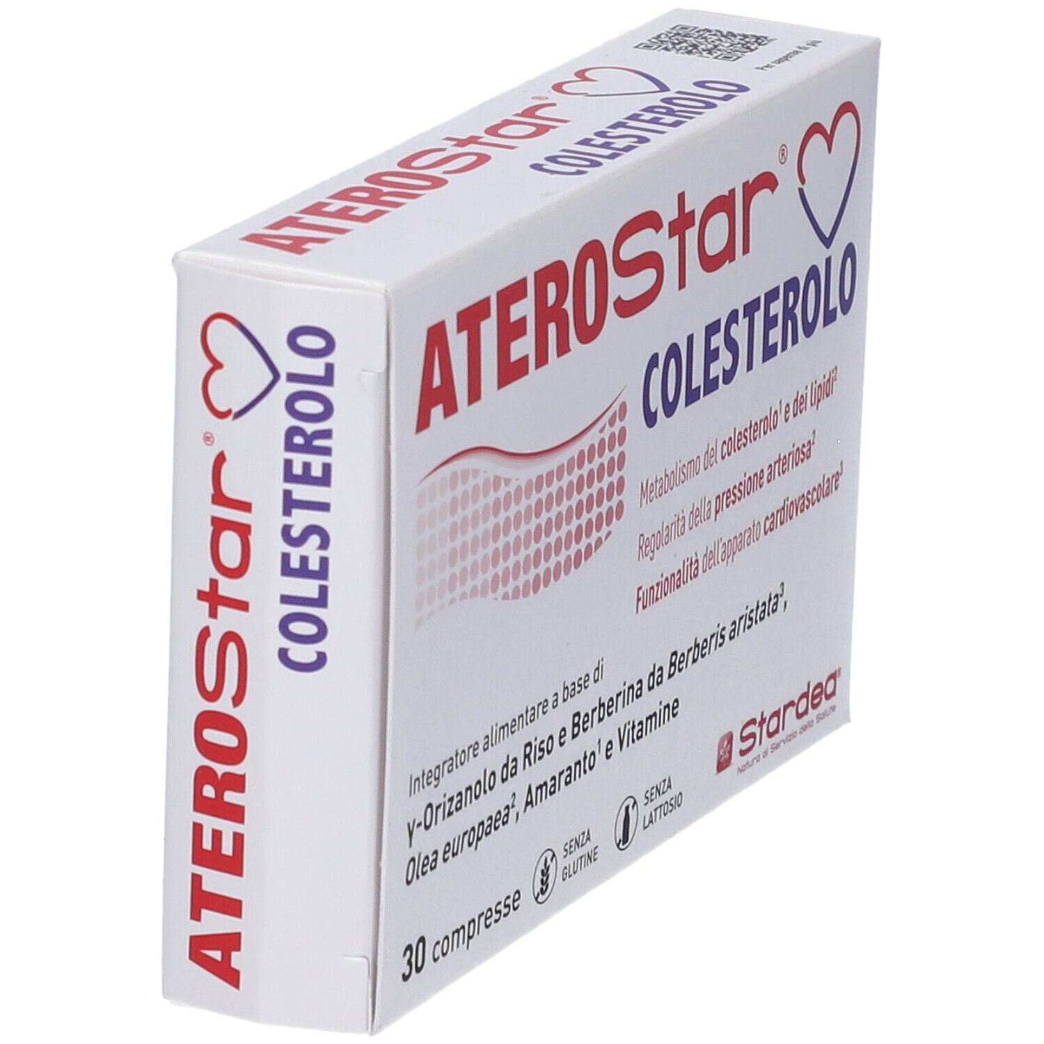 Scatola "ATEROStar COLESTEROLO" in prospettiva. Logo e testo visibili. 30 compresse. Marca: Stardea.