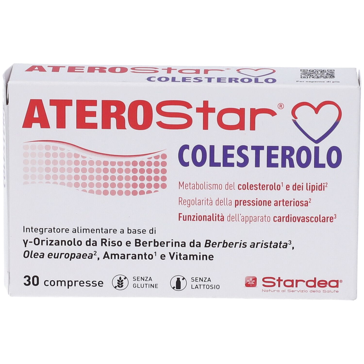Scatola bianca "ATEROStar COLESTEROLO". Contiene 30 compresse. Senza glutine e lattosio. Marca: Stardea.