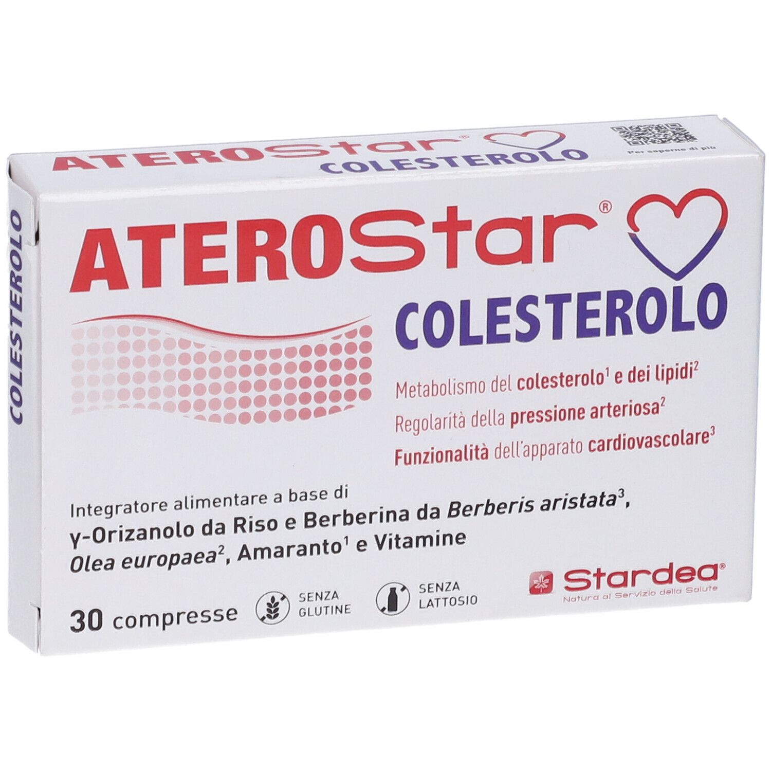 Scatola bianca "ATEROStar COLESTEROLO". Contiene 30 compresse. Senza glutine e lattosio. Marca: Stardea.