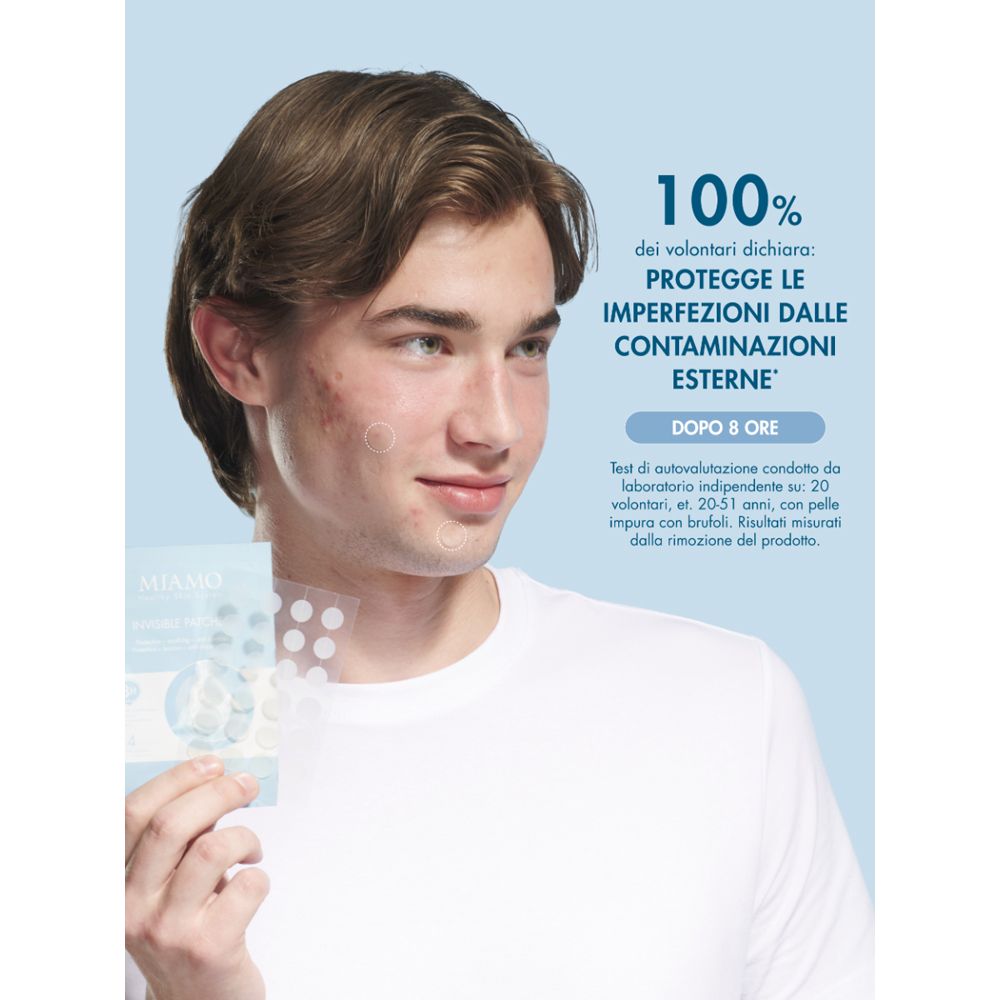 Uomo con imperfezioni cutanee che tiene un foglio di patch Miamo Invisible.