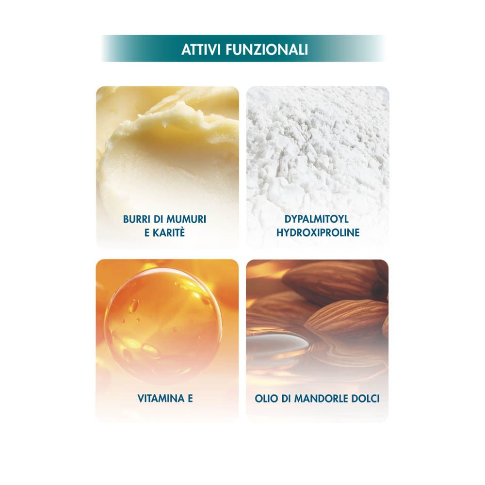 Quattro immagini di ingredienti: burro di karité, Dyplamitoyl Hydroxyproline, vitamina E, olio di mandorle.