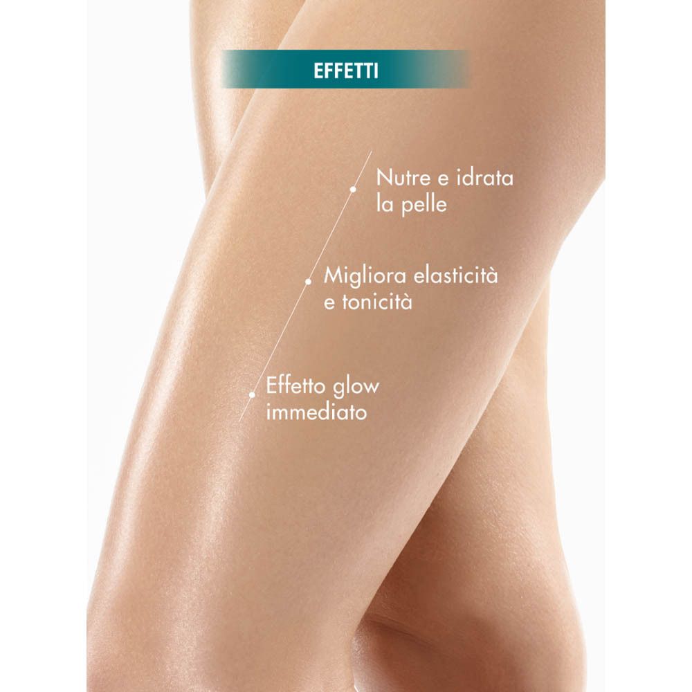 Gambe con testo: Nutre e idrata la pelle, Migliora elasticità e tonicità, Effetto glow immediato.