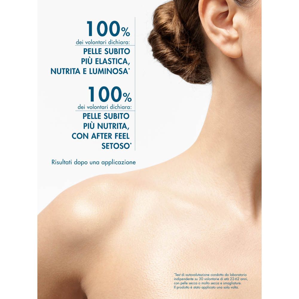 Collo e spalla con testo: 100% dei volontari: pelle subito più elastica, nutrita e luminosa.