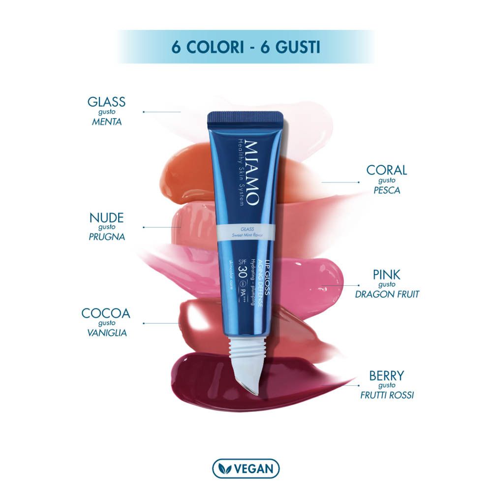 Sei colori di lucidalabbra. Colori: Glass, Nude, Cocoa, Coral, Pink, Berry. Testo: 6 colori - 6 gusti. Logo vegano.
