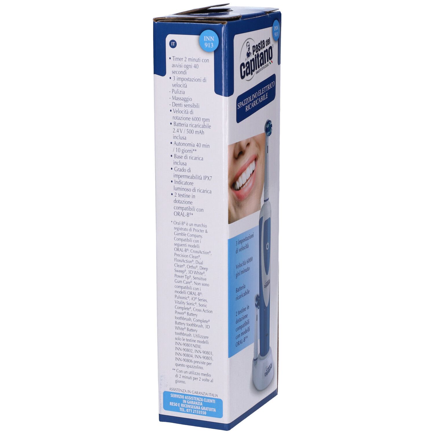 Confezione dello spazzolino elettrico. Spazzolino blu e bianco con stazione di ricarica. Marchio: Pasta del Capitano. Scritto: Spazzolino Elettrico Ricaricabile.