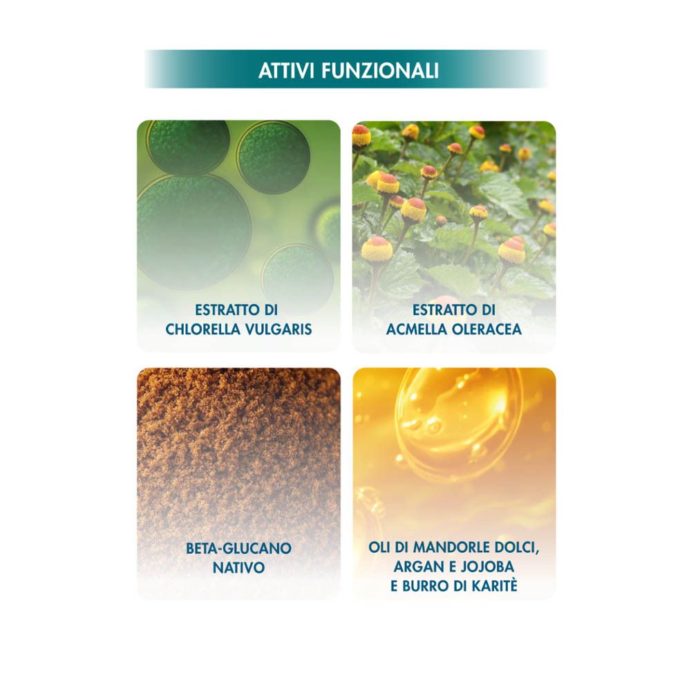 Quattro immagini di ingredienti: Chlorella Vulgaris, Acmella Oleracea, Beta-Glucano, oli. Testo: Attivi Funzionali.