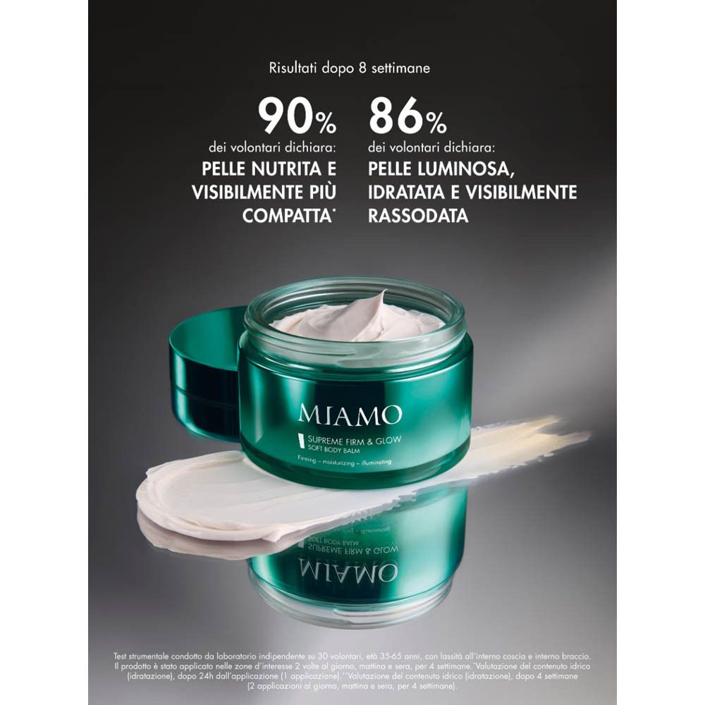Vasetto di balsamo e testo: 90% pelle nutrita, 86% pelle radiosa. Miamo Body Renew Supreme Firm & Glow Soft Body Balm.