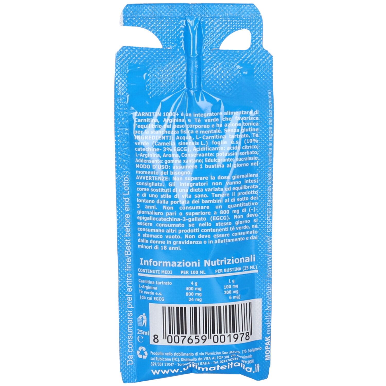 Confezione blu con testo. Contiene informazioni nutrizionali e ingredienti. Codice a barre e informazioni produttore.