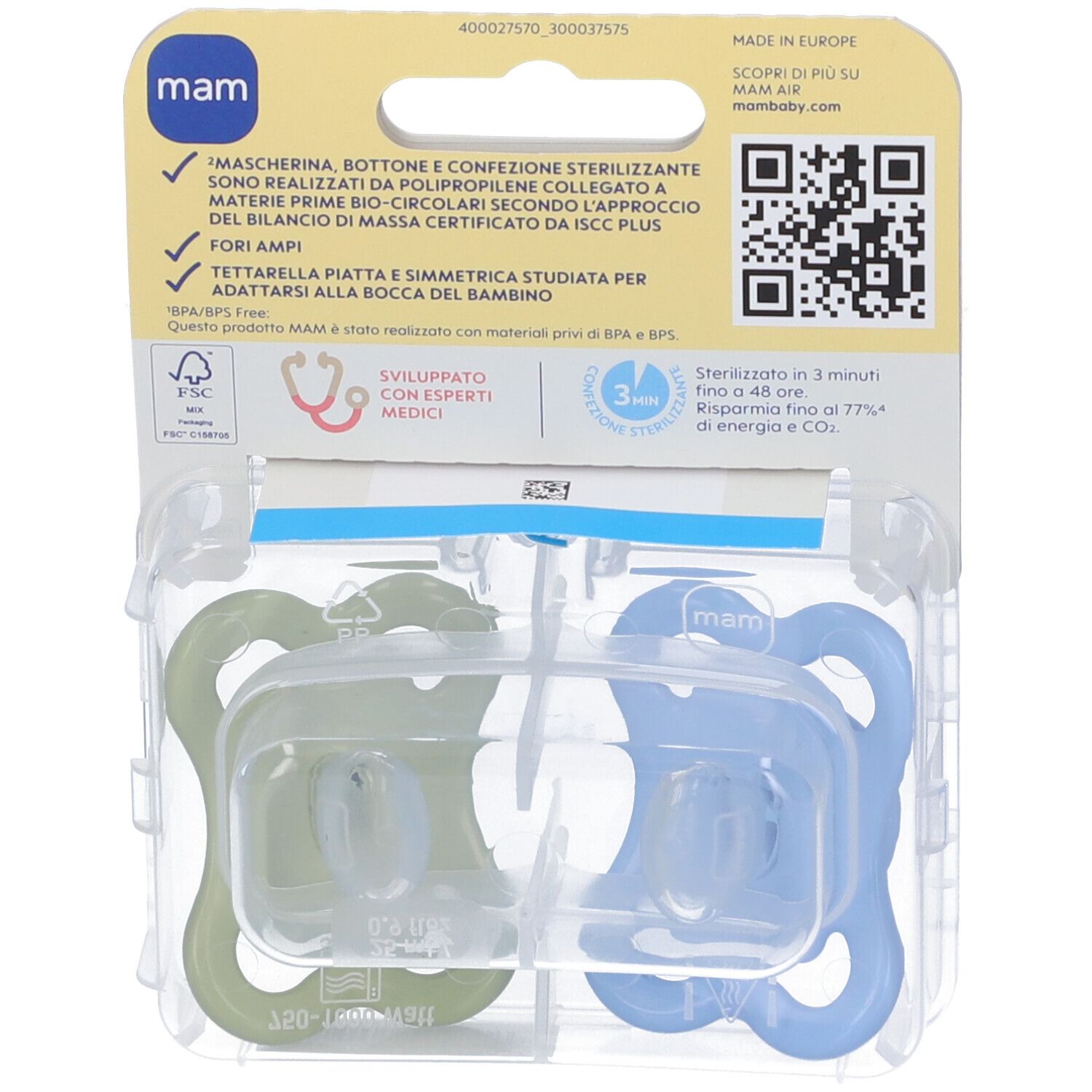 Retro confezione blister con due succhietti. Verde e blu. Testo e QR code. Senza BPA/BPS.