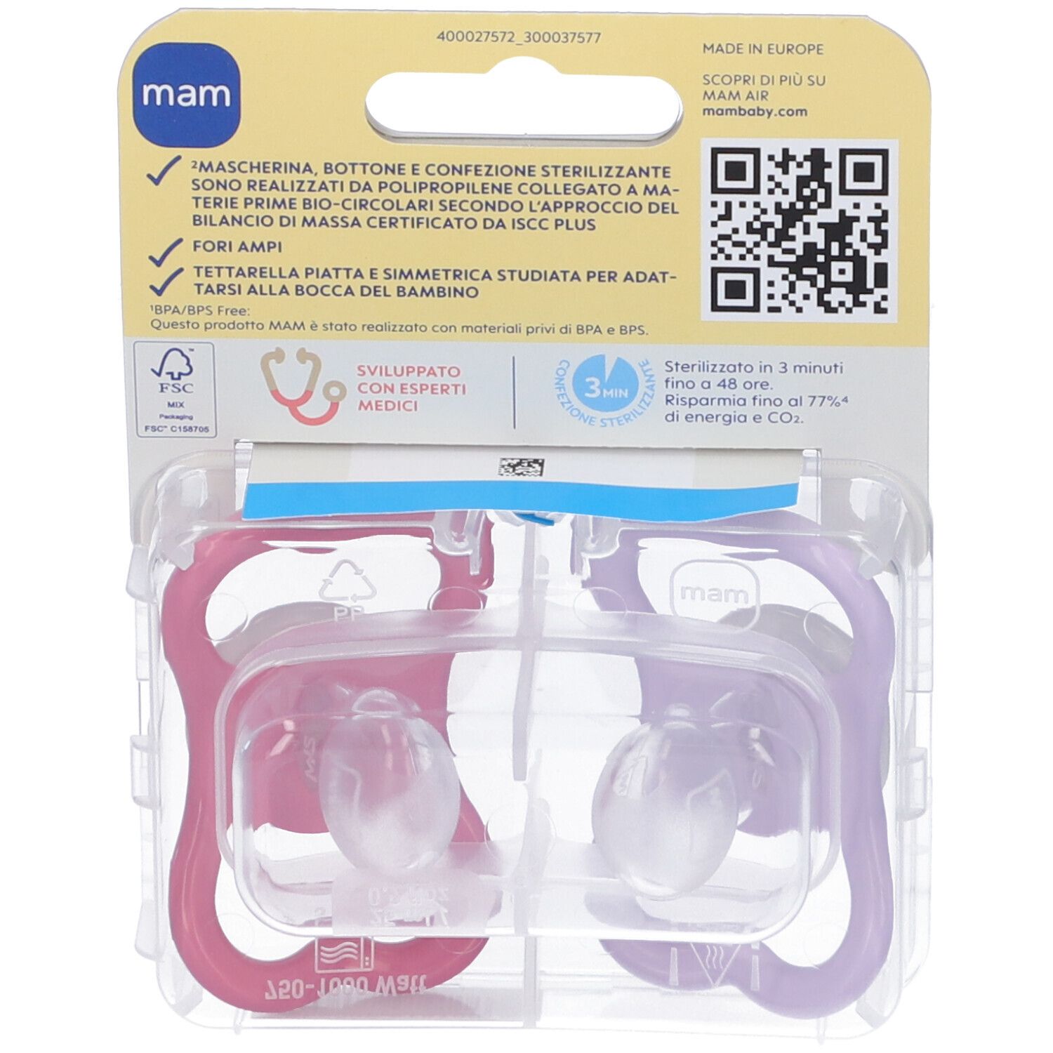 Retro confezione blister con due succhietti. Informazioni su materiali, sterilizzazione e certificazioni. Logo MAM.