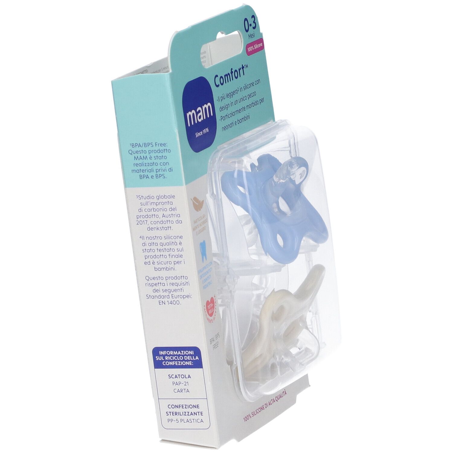Confezione con due succhietti MAM Comfort 0-3 mesi. Succhietti blu e crema in confezione di plastica.