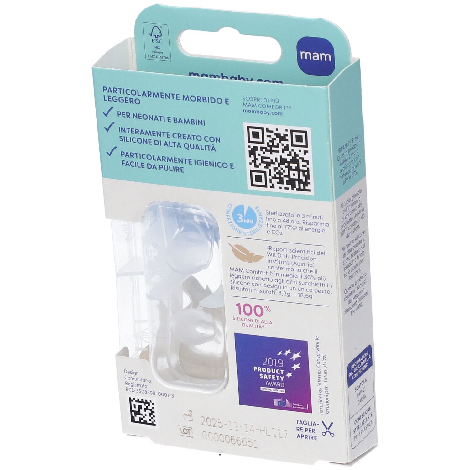 Retro della confezione dei succhietti MAM Comfort. Informazioni sul prodotto, codice QR, certificazioni e dettagli del produttore.
