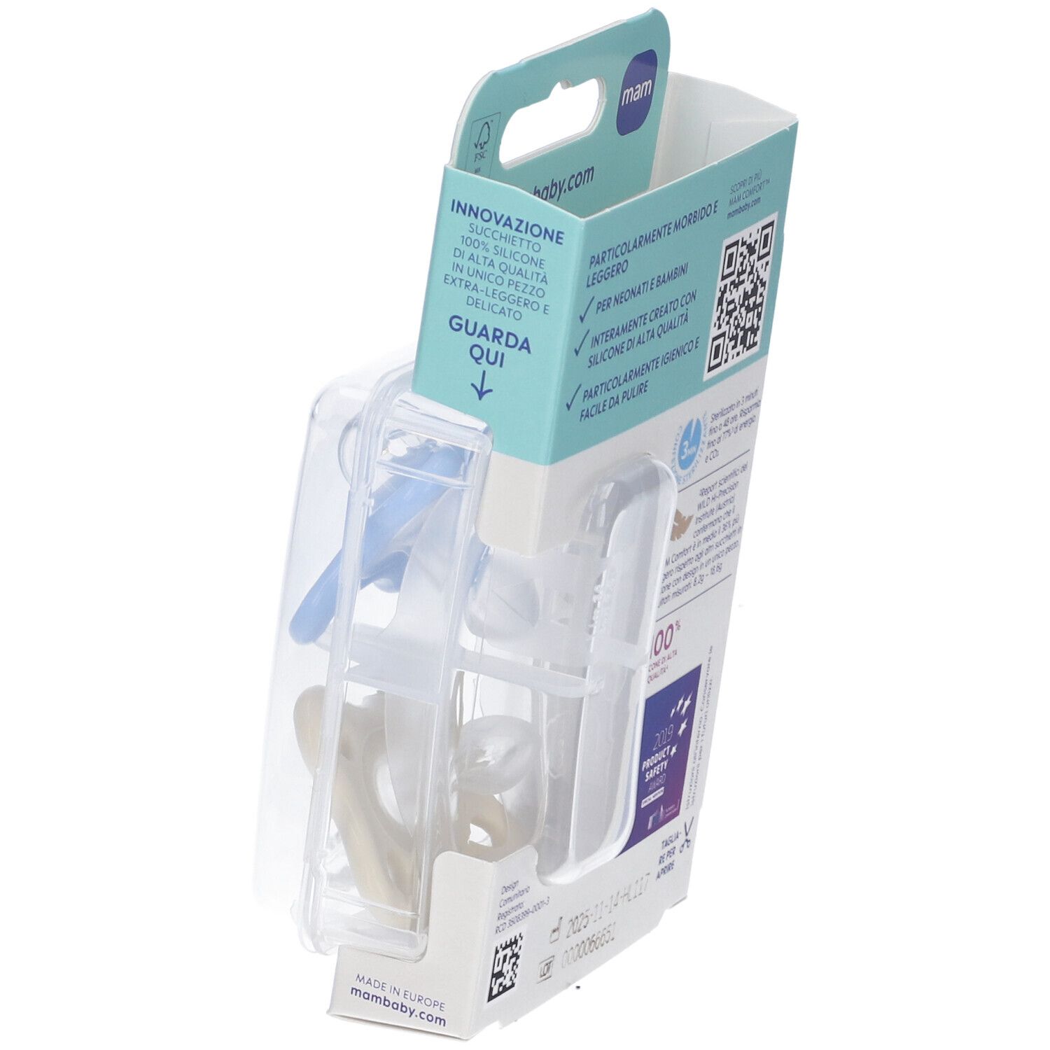 Confezione con due succhietti MAM Comfort. Succhietti blu e crema in confezione di plastica. Vista laterale.