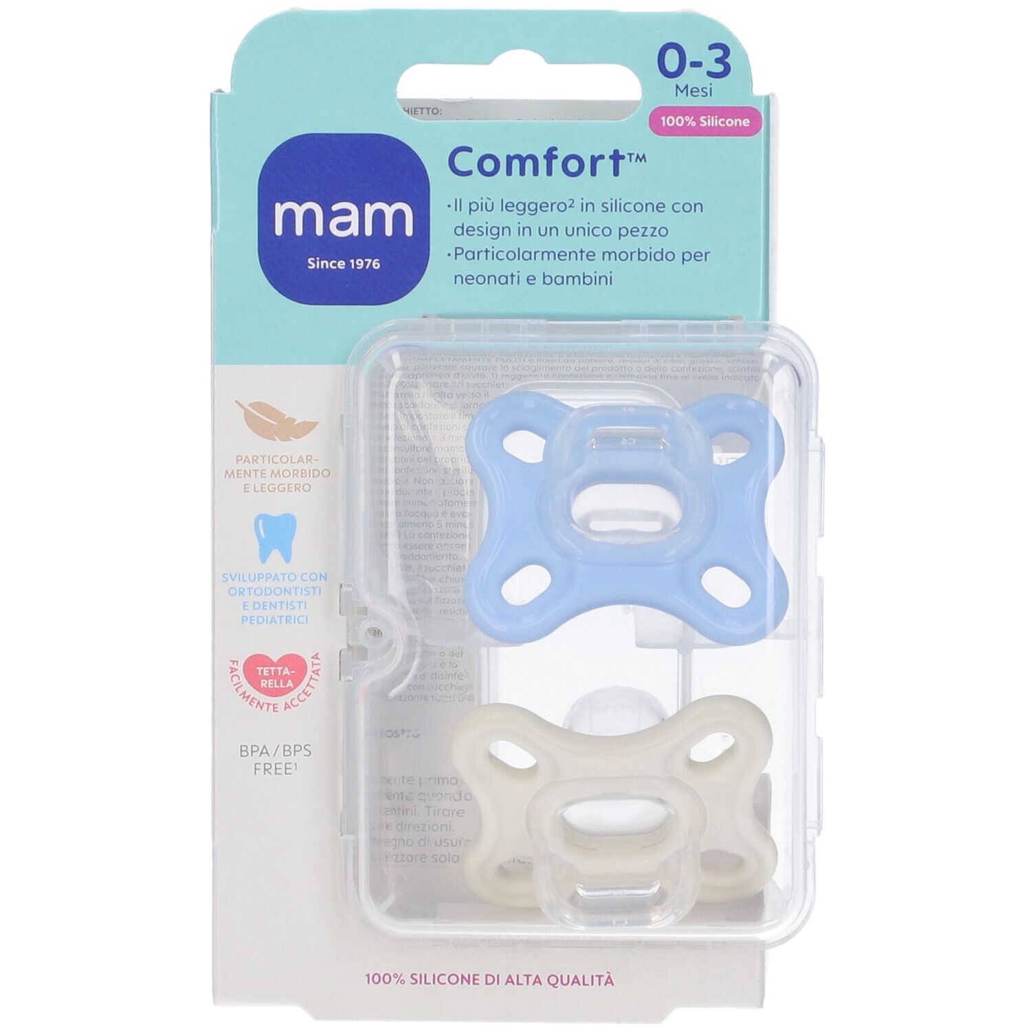Due succhietti MAM Comfort 0-3 mesi in silicone, confezionati. Succhietti blu e crema.