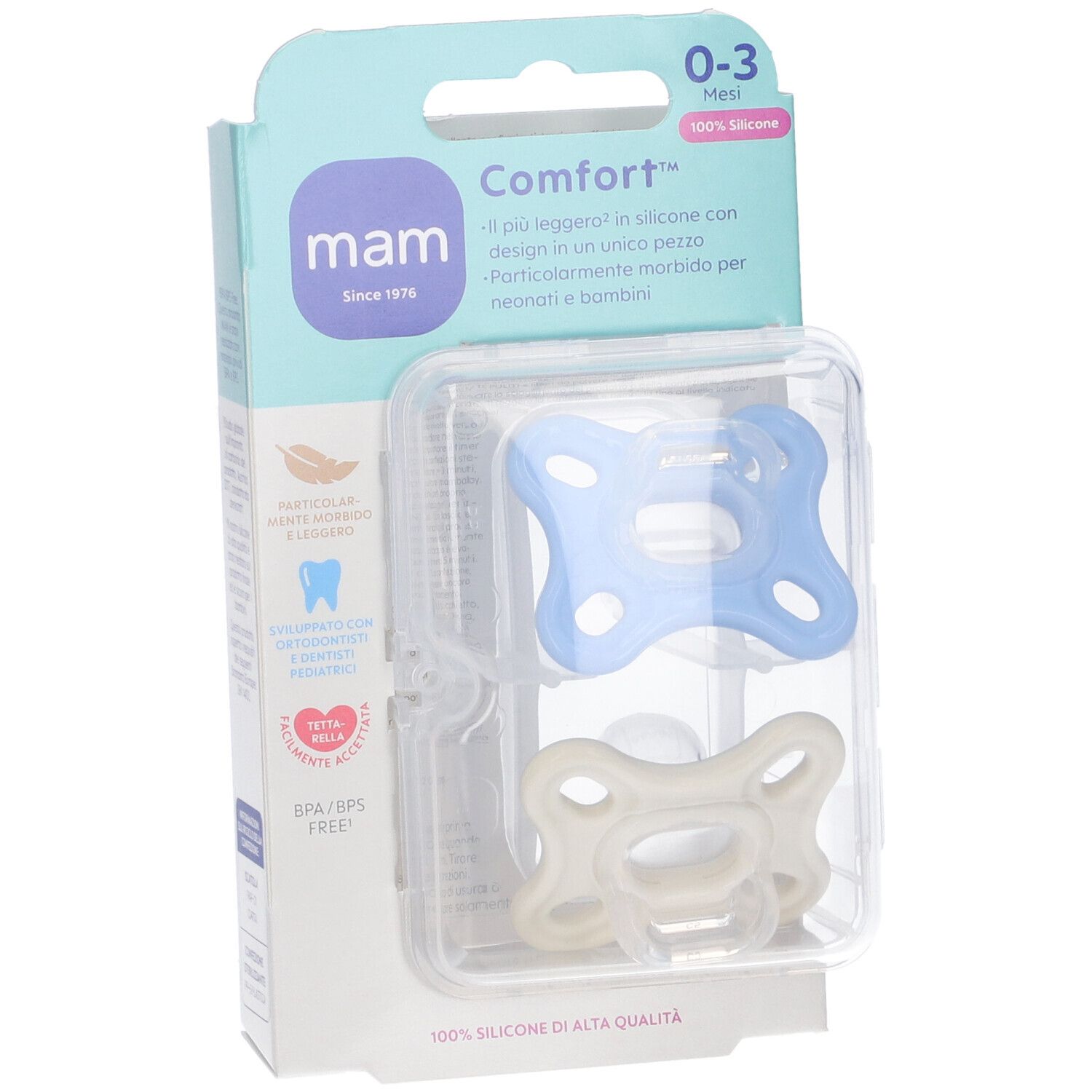 Confezione con due succhietti MAM Comfort 0-3 mesi. Succhietti blu e crema in silicone.