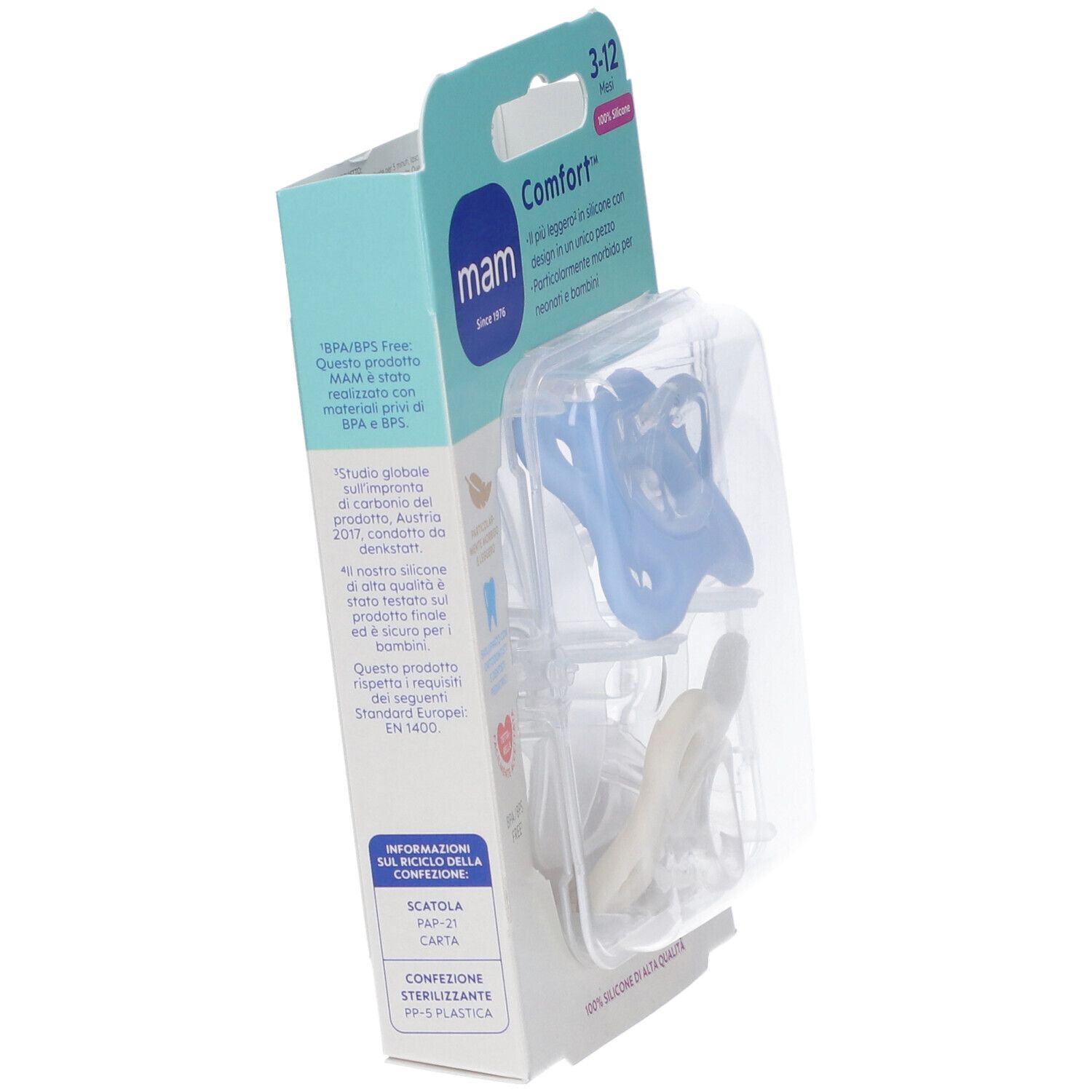 Confezione di succhietti MAM Comfort, 3-12 mesi. Blu e crema. 100% silicone.