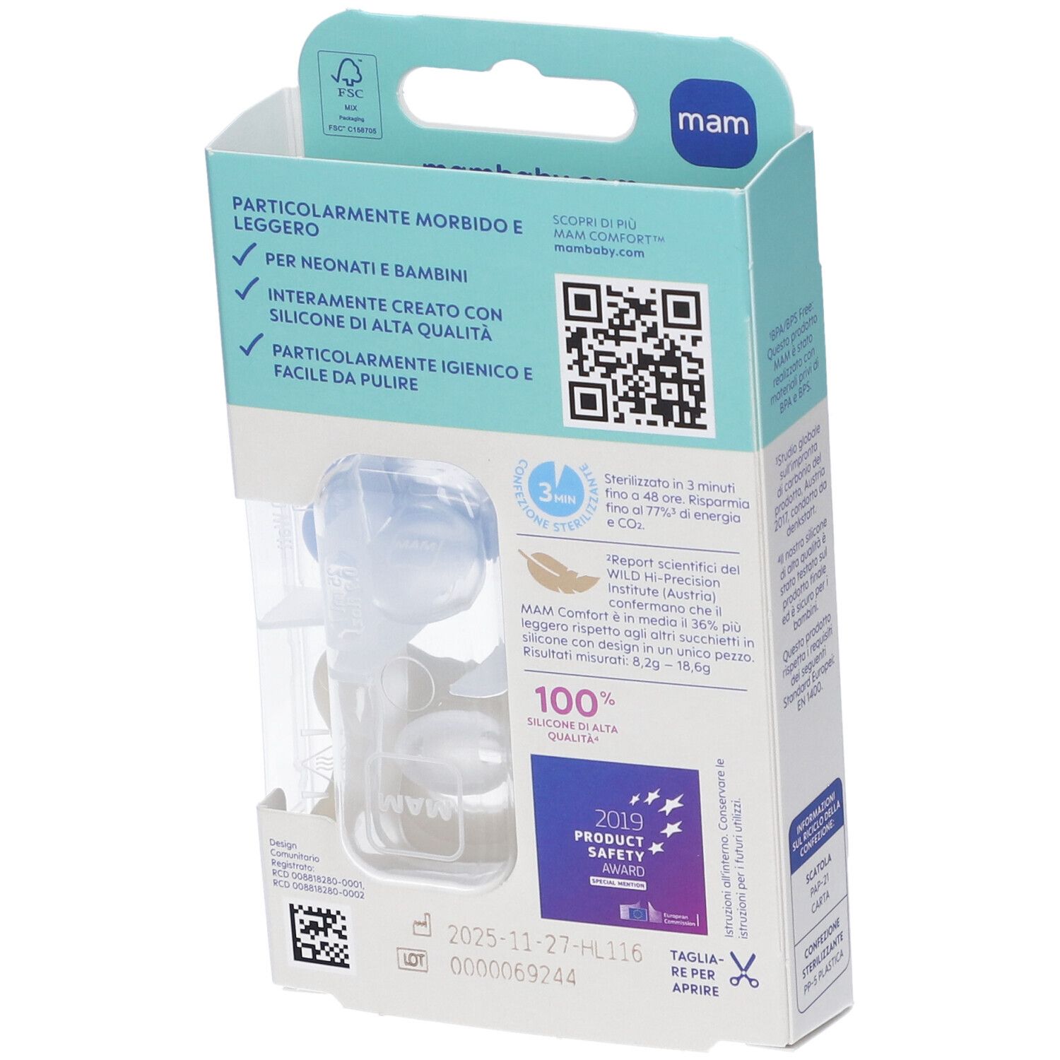 Retro confezione succhietti MAM. Informazioni, codice QR, 100% silicone.