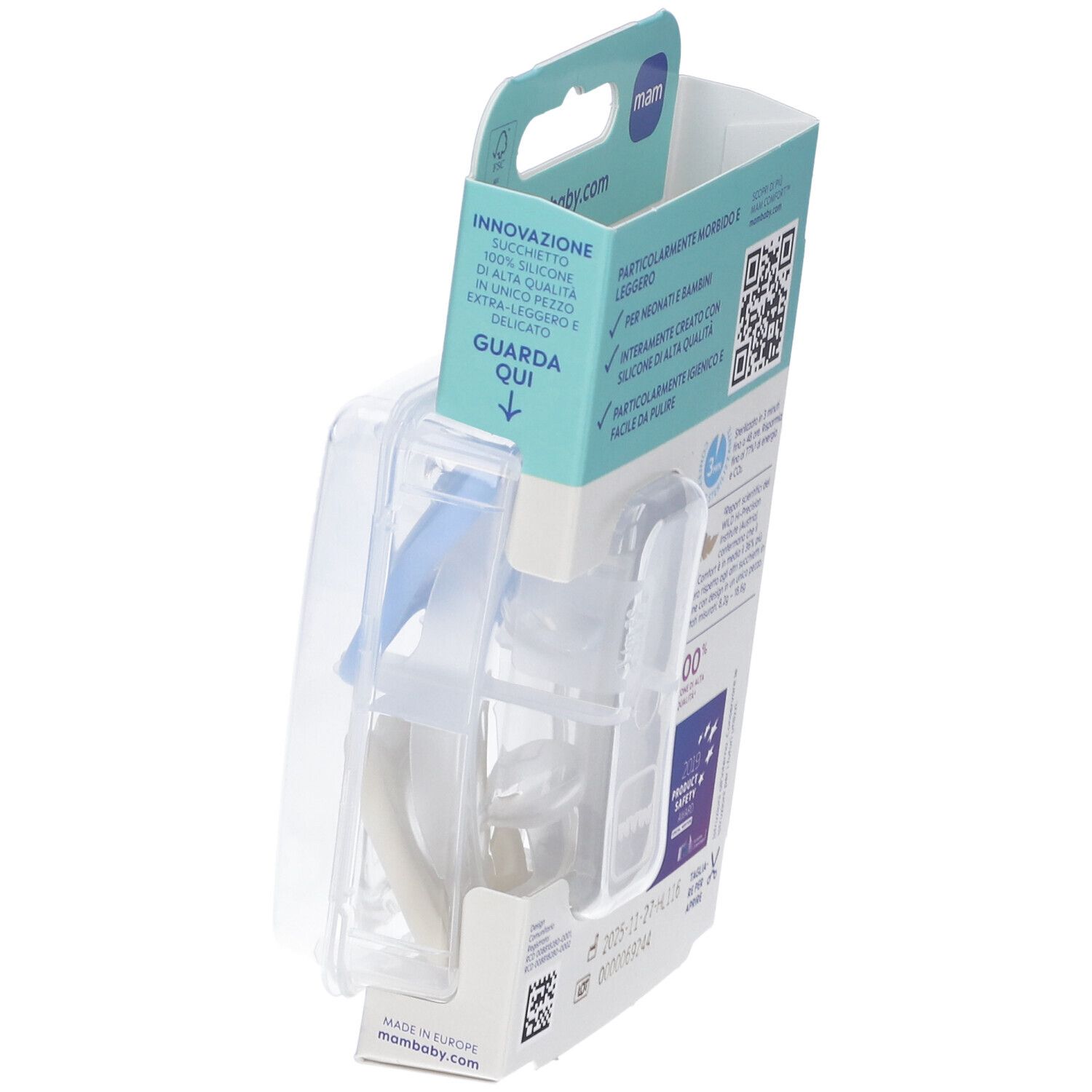 Confezione succhietti MAM. Informazioni, codice QR. 100% silicone.