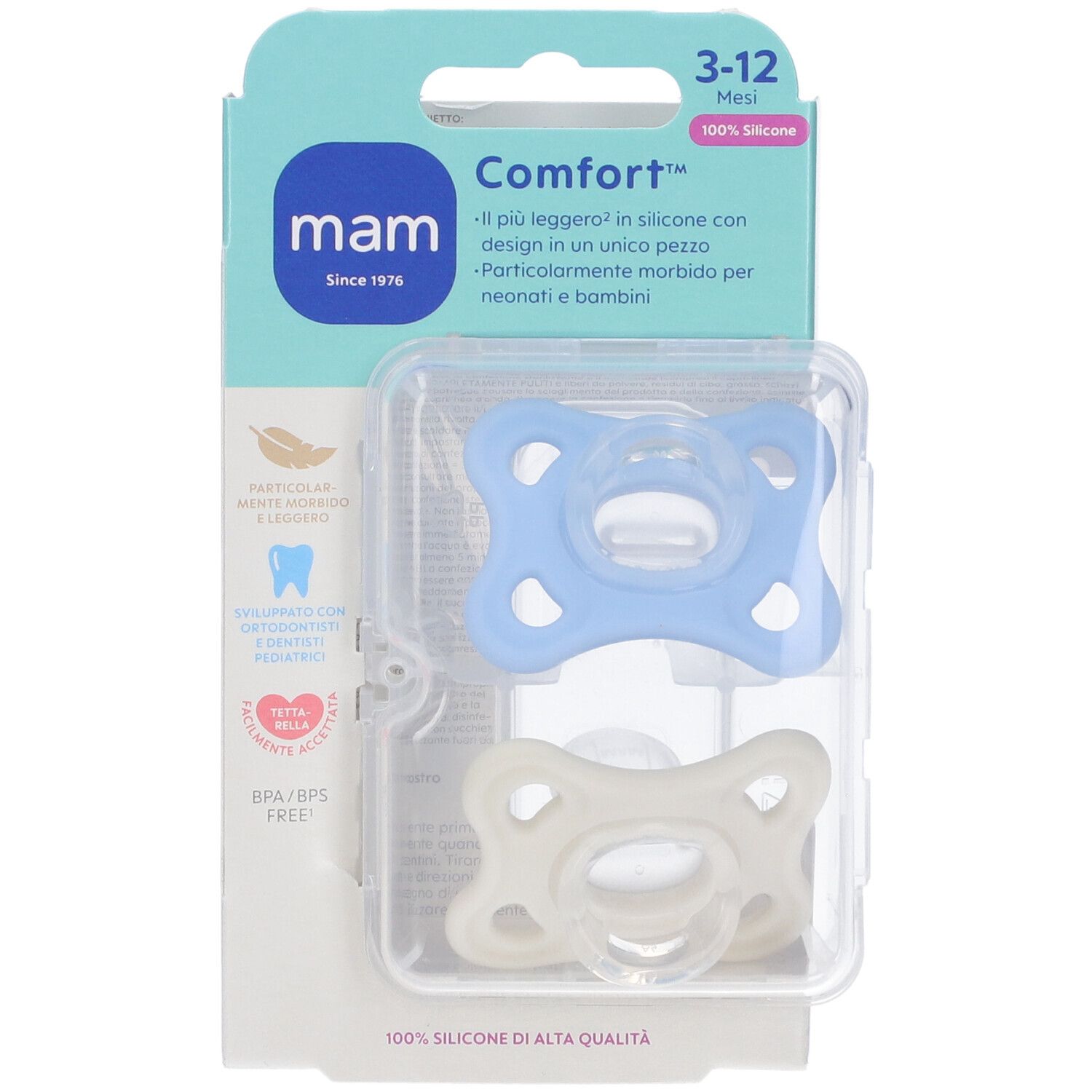 Due succhietti MAM Comfort, 3-12 mesi, in silicone. Confezione. Blu e crema.
