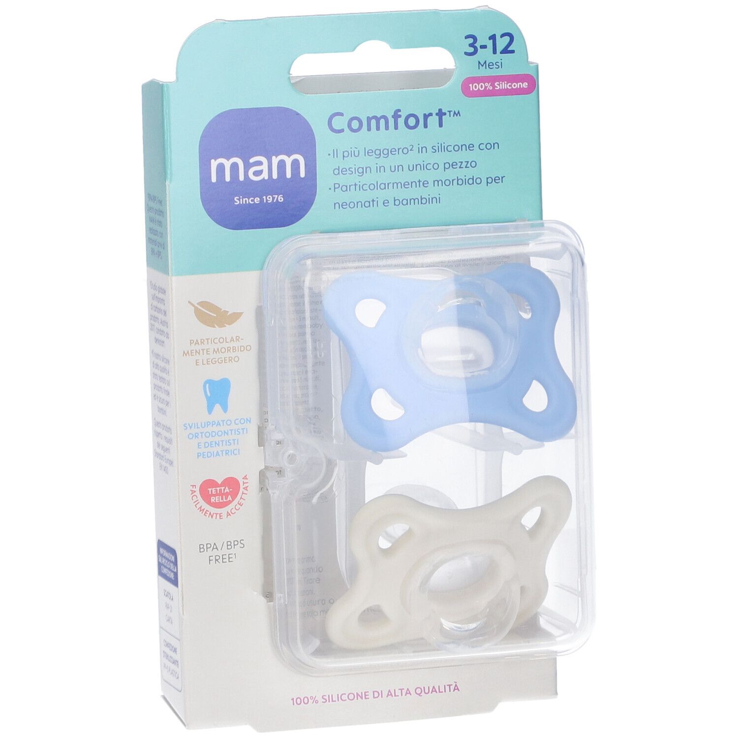 Due succhietti MAM Comfort, 3-12 mesi, in silicone. Confezione. Blu e crema.