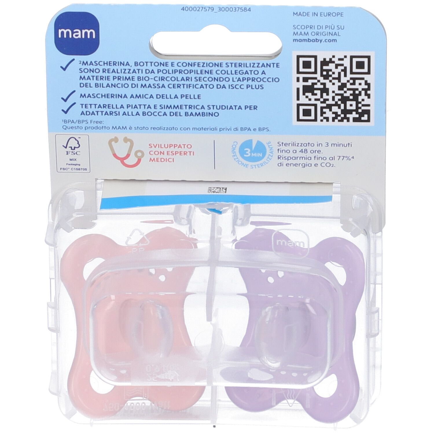 Retro della confezione con due succhietti. Testo in italiano. Logo "mam". Indicazione di sterilizzazione.
