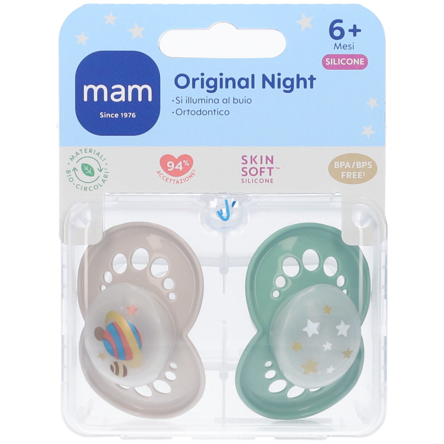 Mam Original Night Succhietti Ortodontici 6+Mesi Colore Green & Neutral 2 Pezzi
