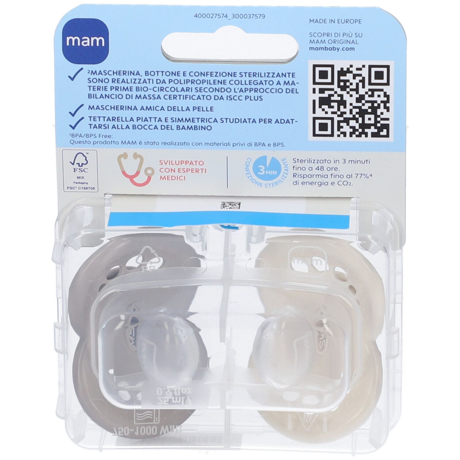 Retro della confezione dei succhietti MAM Original. Quattro succhietti visibili. Testo con informazioni sul prodotto e codice QR. Confezione in plastica.