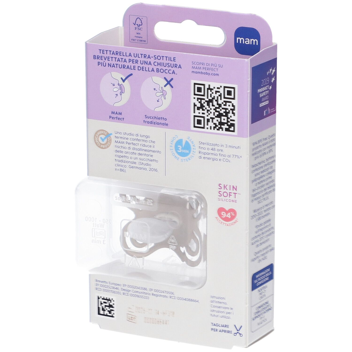 Confezione MAM Perfect Start con logo MAM e informazioni. Visibile un codice QR.