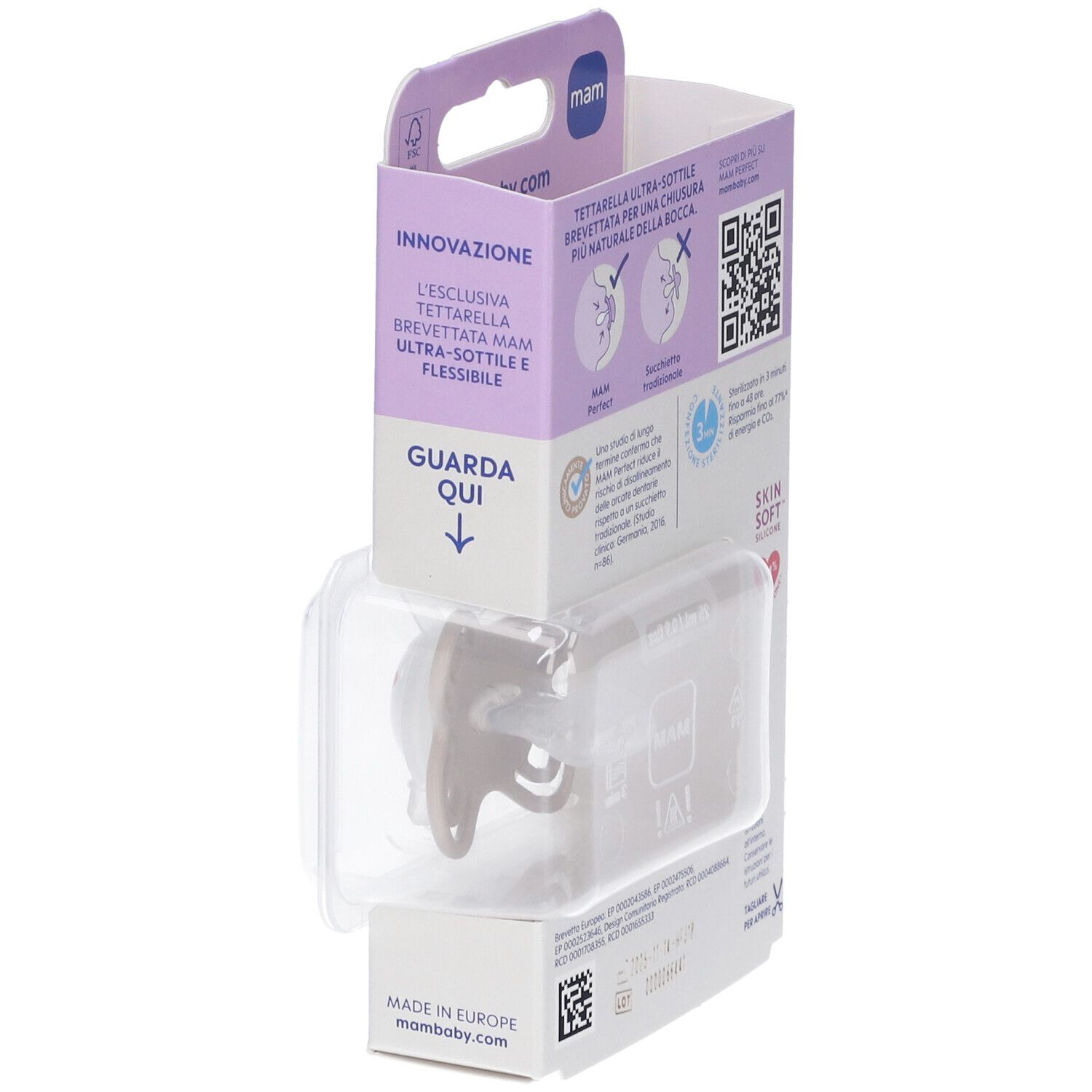 Confezione MAM Perfect Start con logo MAM e informazioni. Visibile una scatola trasparente.