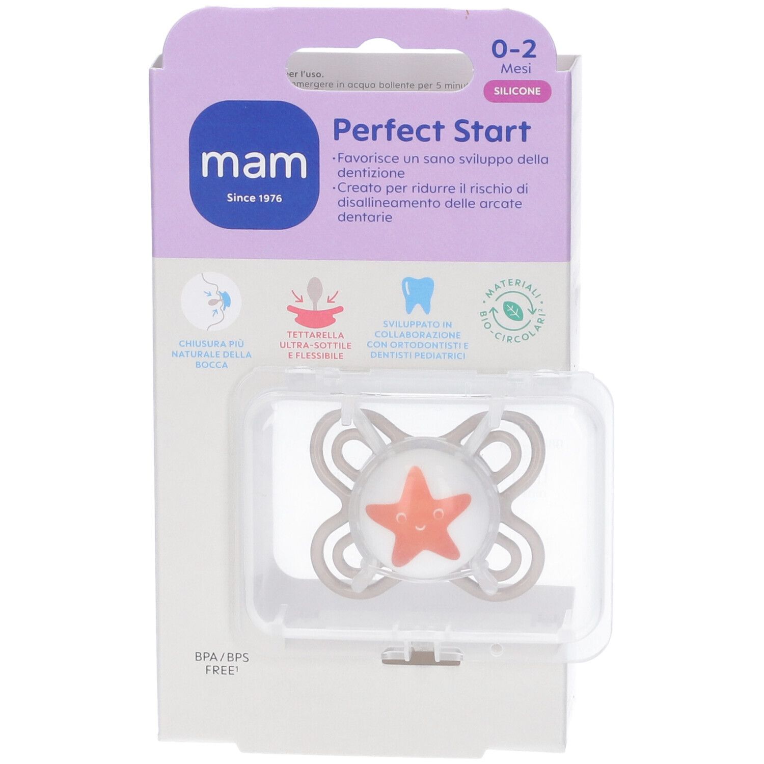 Confezione MAM Perfect Start con tettarella a forma di stella. Materiale in silicone. Informazioni sul prodotto e logo MAM visibili.
