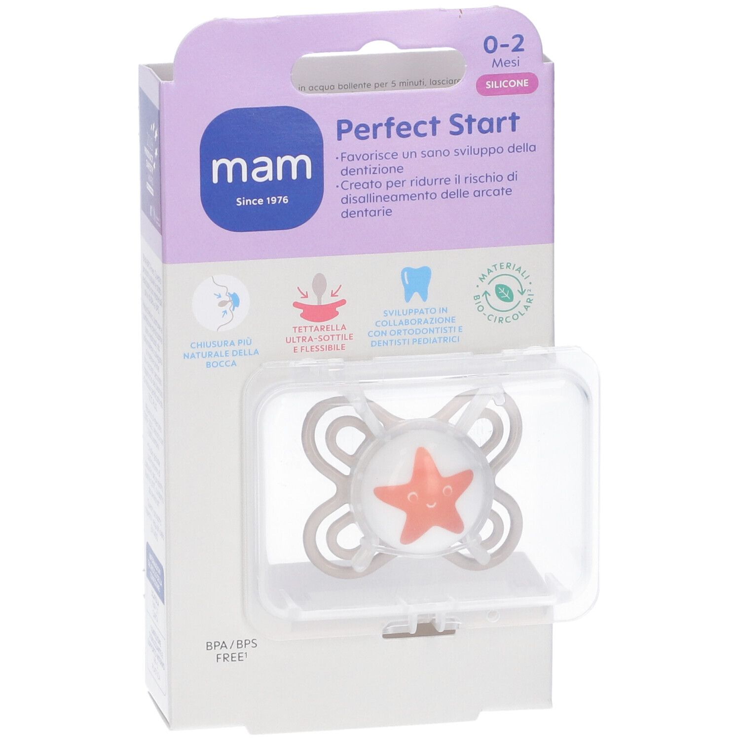 Confezione MAM Perfect Start con tettarella a forma di stella. Materiale in silicone. Informazioni sul prodotto e logo MAM visibili.