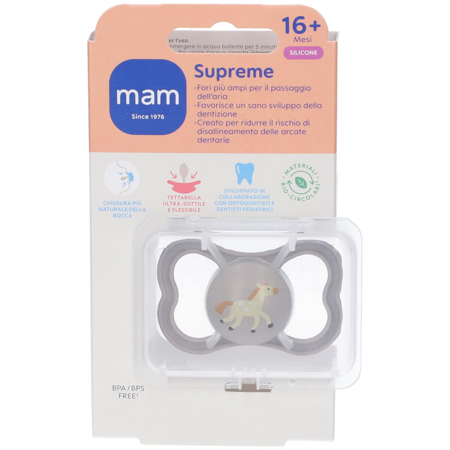 Succhietto MAM Supreme 16+ mesi, motivo cavallo. Confezionato in scatola trasparente. Scritte MAM e Supreme sulla confezione.
