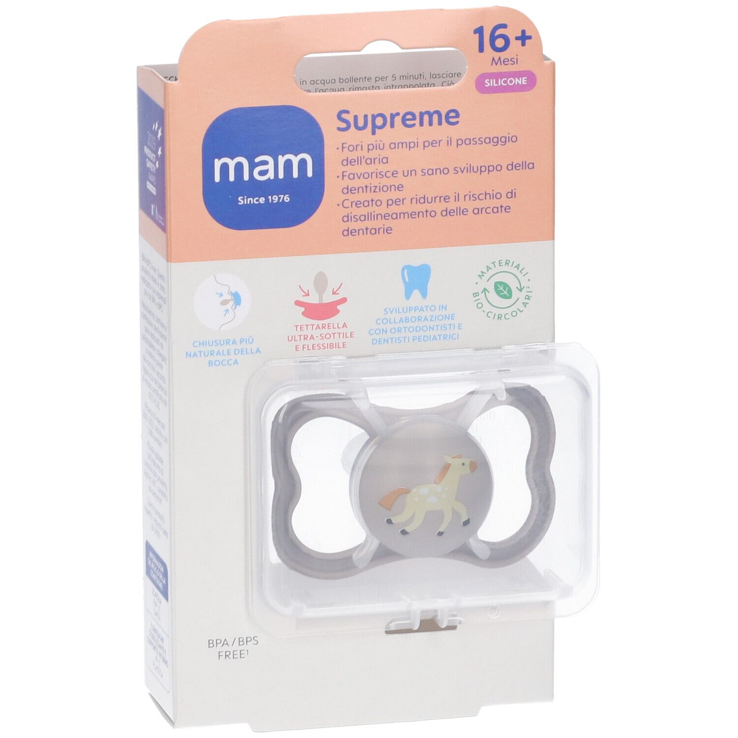 Succhietto MAM Supreme 16+ mesi, motivo cavallo. Confezionato in scatola trasparente. Scritte MAM e Supreme sulla confezione.