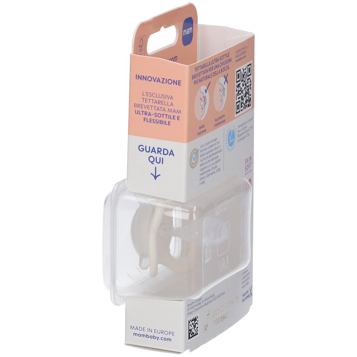 Confezione con succhietto MAM. Prodotto in confezione trasparente. Made in Europe.