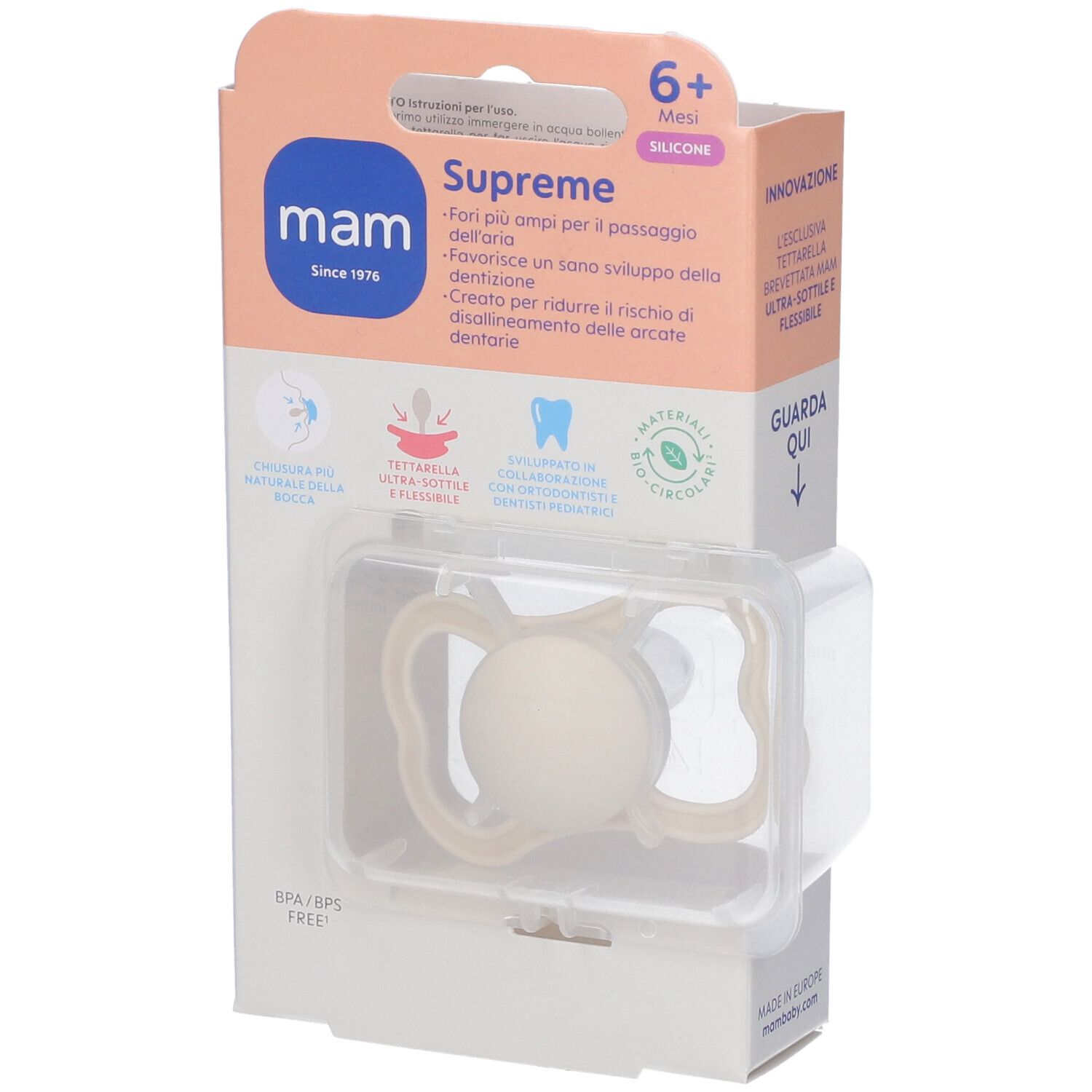 Confezione con succhietto MAM. Supreme 6+ mesi. Succhietto beige con manico. Senza BPA/BPS.