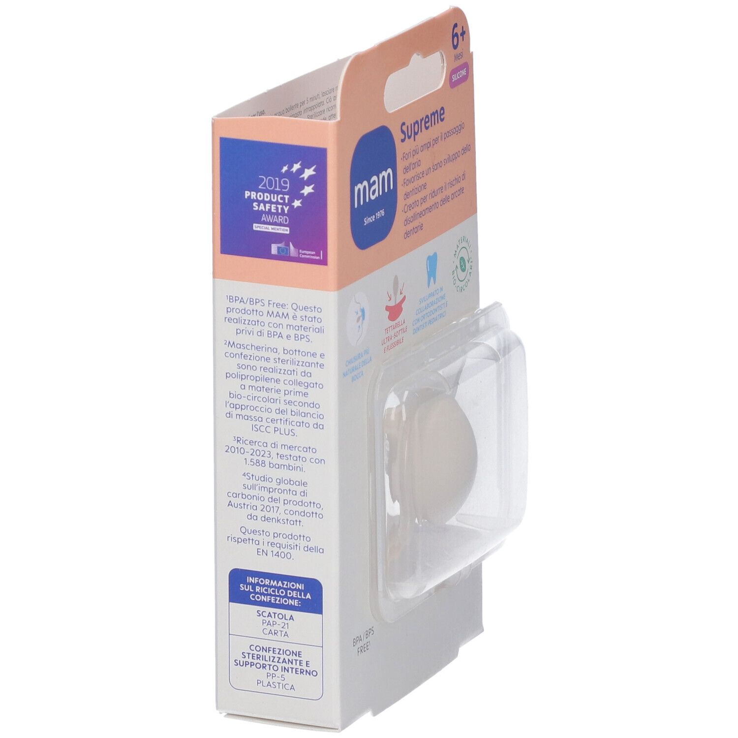 Confezione con succhietto MAM. Supreme. 6+ mesi. 2019 Product Safety Award. Senza BPA/BPS.
