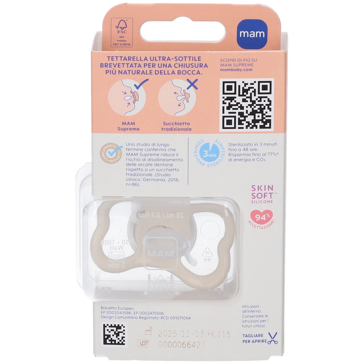 Confezione con succhietto MAM. Silicone Skin Soft. 94% accettazione. Prodotto nella confezione.