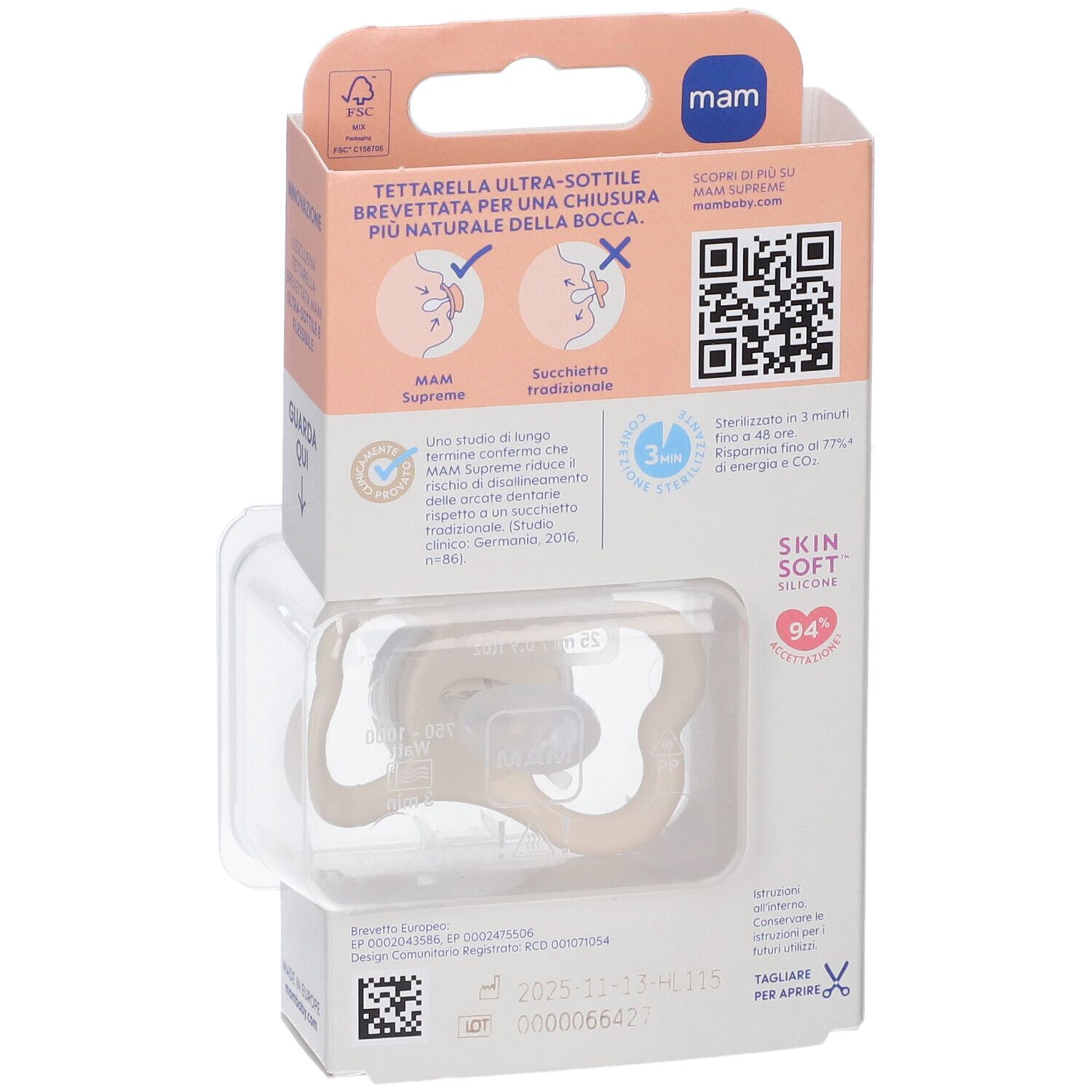 Confezione con succhietto MAM. Silicone Skin Soft. 94% accettazione. Prodotto nella confezione.