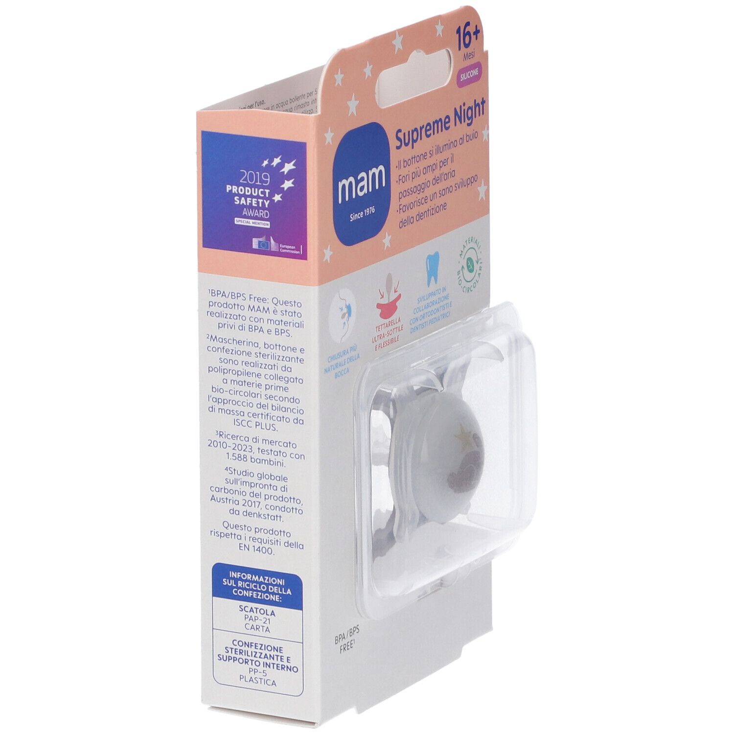 Succhietto MAM Supreme Night, 16+ mesi. Confezione con informazioni. Senza BPA/BPS.