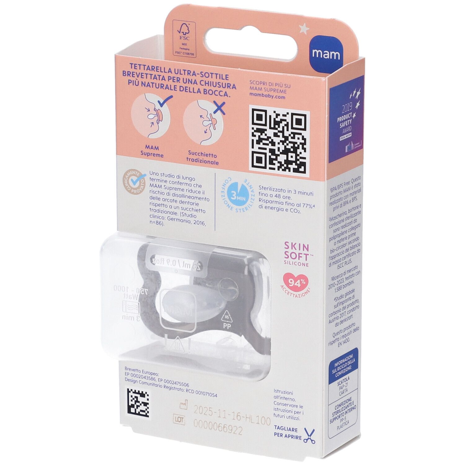 Retro confezione MAM Supreme Night. Informazioni prodotto, QR code. Silicone Skin Soft.