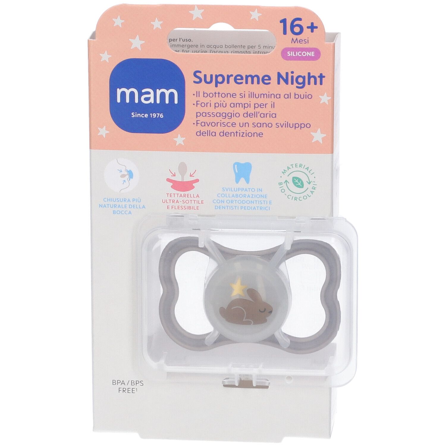 Succhietto MAM Supreme Night, 16+ mesi. Silicone, coniglio. Confezione plastica. Senza BPA/BPS.
