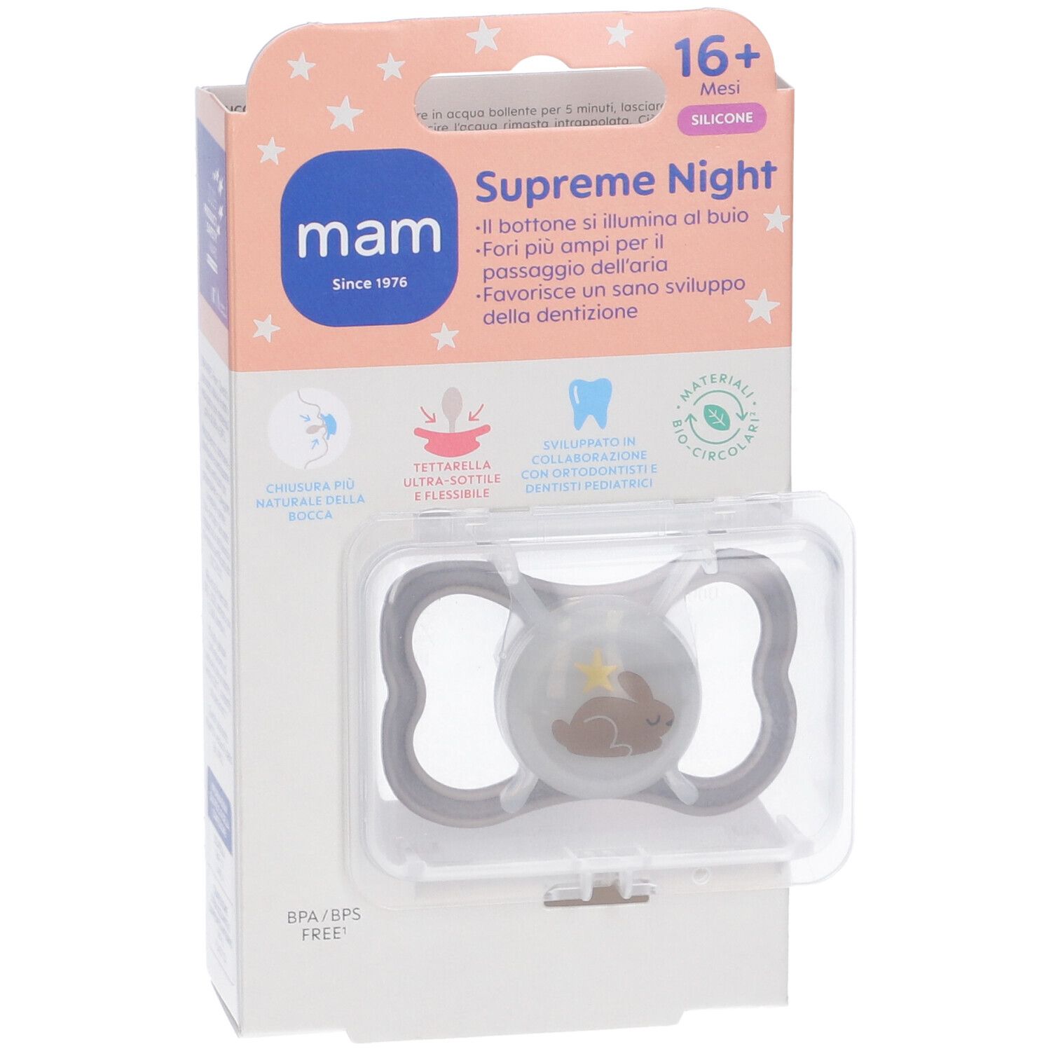 Succhietto MAM Supreme Night, 16+ mesi. Silicone, coniglio. Confezione plastica. Senza BPA/BPS.