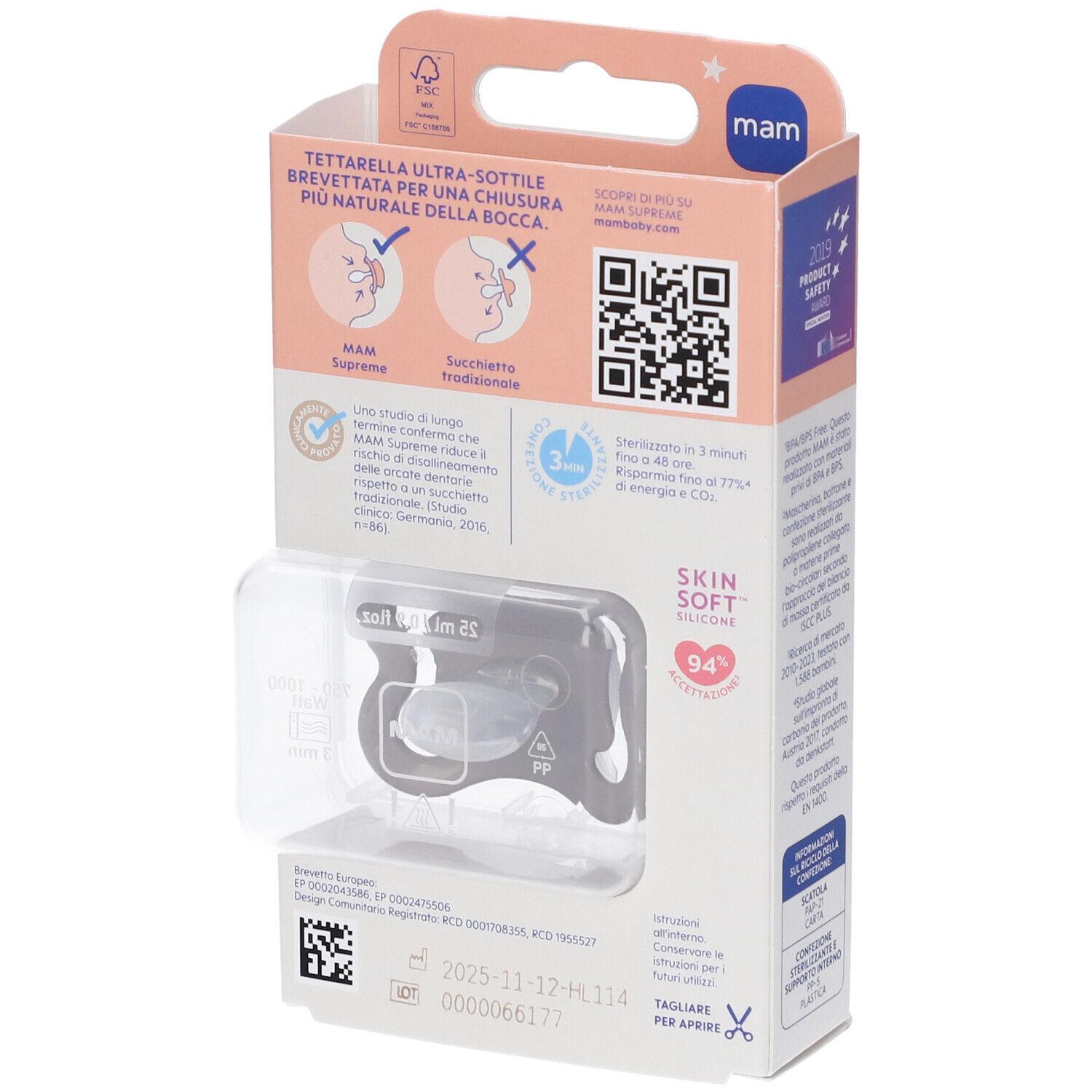 Ciuccio MAM in silicone Skin Soft, 2-6 mesi, in confezione retail.