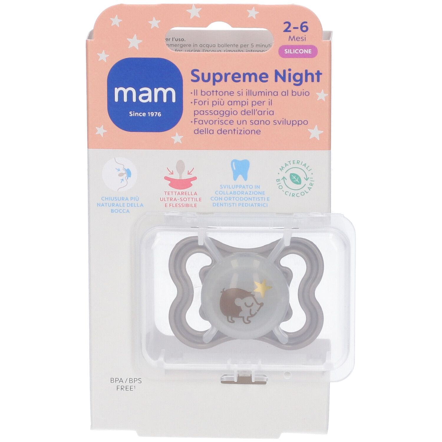 Succhietto MAM Supreme Night in confezione, 2-6 mesi, in silicone, con motivo riccio.