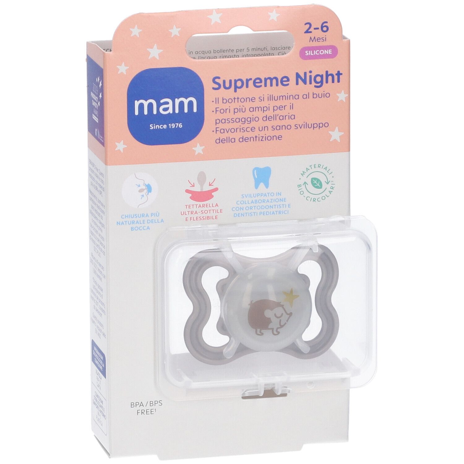 Bavaglino MAM Supreme Night con motivo riccio, 2-6 mesi, silicone, senza BPA/BPS.